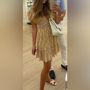 LoveShackFancy Silk Multicolor Yellow Purple Pink Blue💐 Floral Puff Sleeve Dress